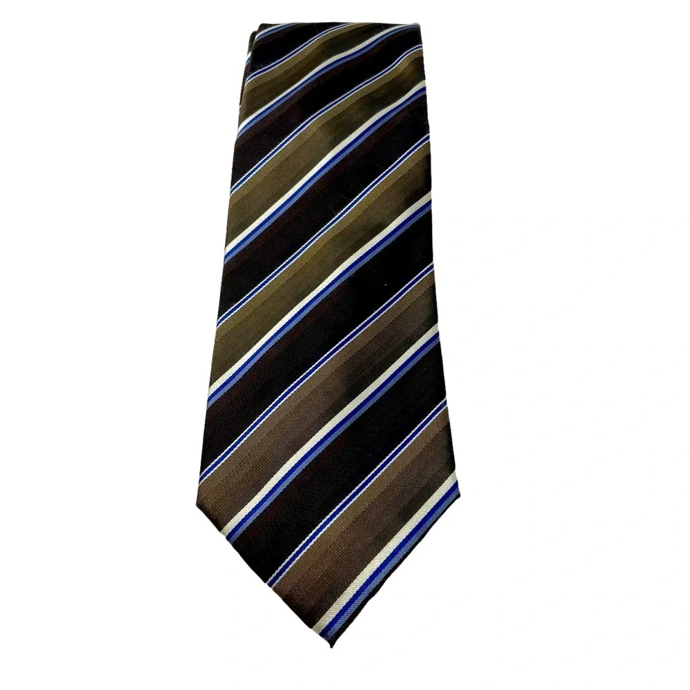 John Ashford Necktie. Dark Brown, Blue With White Stripes